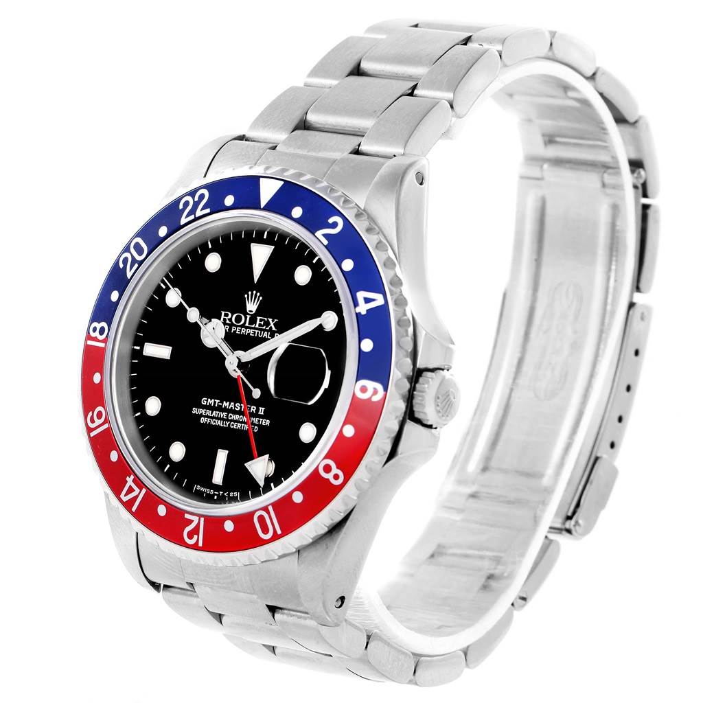 The image shows a side-angle view of a Rolex GMT-Master 16710 Men's Stainless Steel Black Dial 16710 Men's Stainless Steel Black Dial II watch, highlighting the bezel, dial, case, and bracelet.