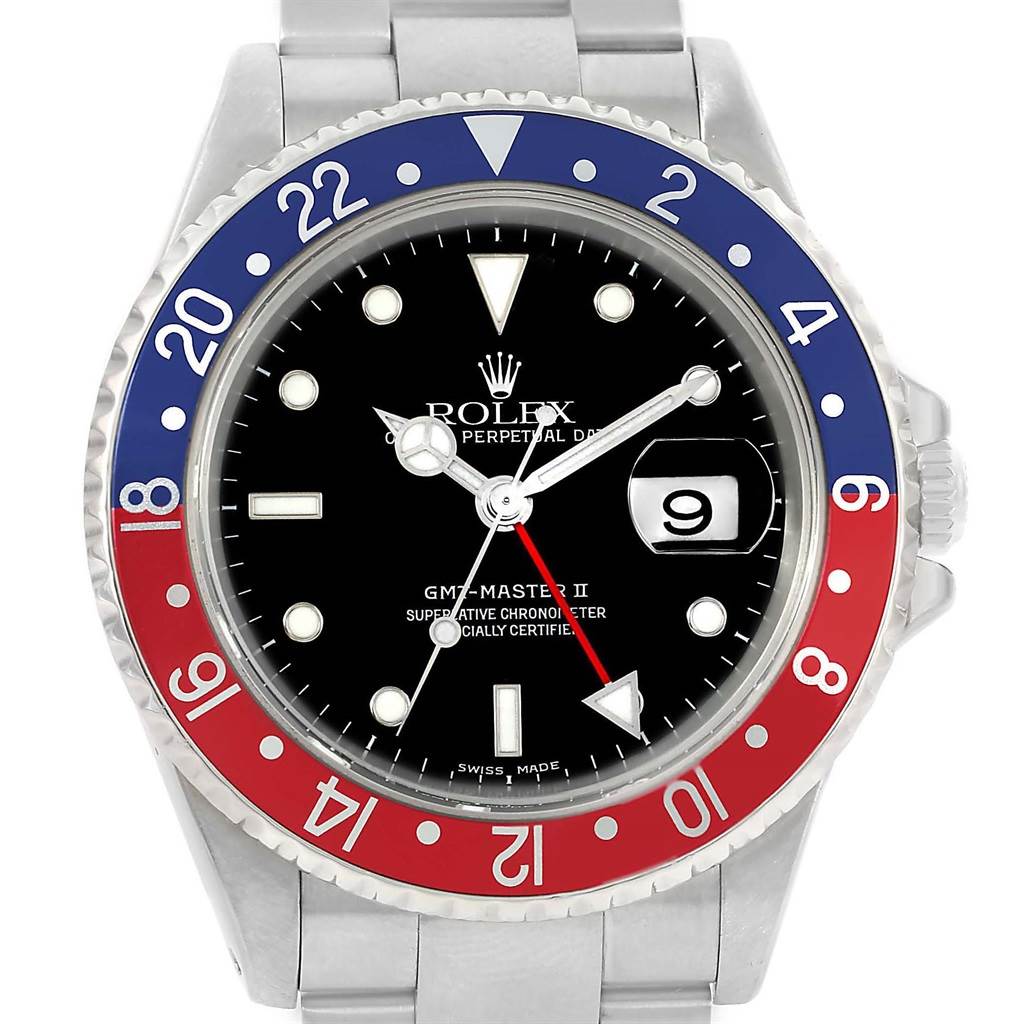 The image shows a front view of a Rolex GMT-Master 16710 Men's Stainless Steel Black Dial 16710 Men's Stainless Steel Black Dial II watch, highlighting the dial, bezel, hands, and part of the bracelet.