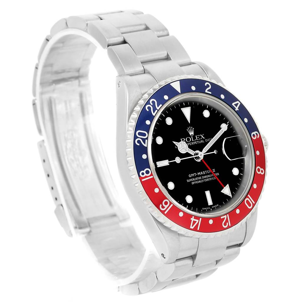 The image shows an angled view of the Rolex GMT-Master 16710 Men's Stainless Steel Black Dial 16710 Men's Stainless Steel Black Dial watch, highlighting its bezel, dial, and bracelet.
