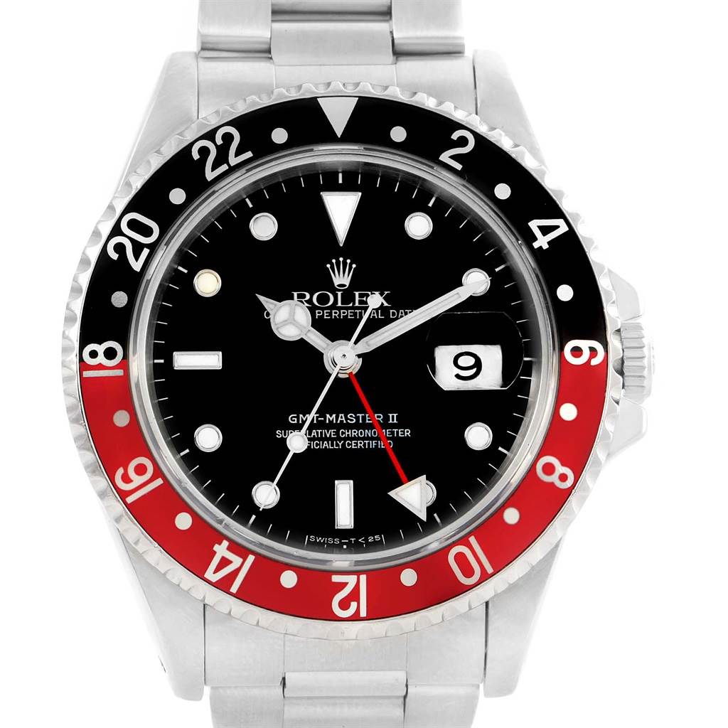 The image shows a front view of a Rolex GMT-Master 16710 Men
s Stainless Steel Black Dial 16710 Men
s Stainless Steel Black Dial II, featuring a black and red bezel, a black dial, and a stainless steel bracelet.
