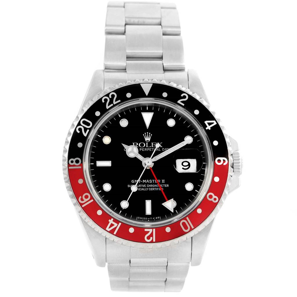The image shows a front view of a Rolex GMT-Master 16710 Men
s Stainless Steel Black Dial 16710 Men
s Stainless Steel Black Dial watch with a black and red bezel, silver bracelet, and black dial.