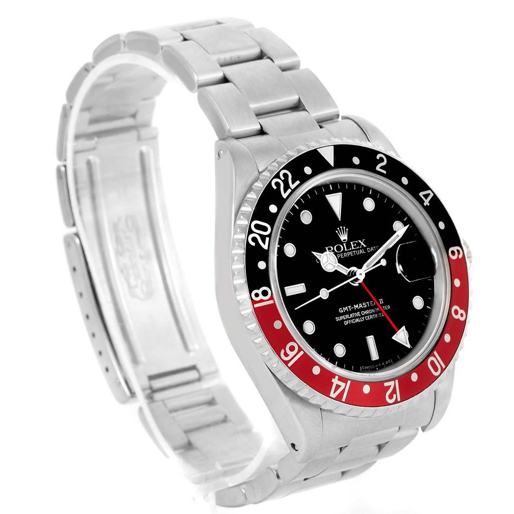 The image shows a Rolex GMT-Master 16710 Men
s Stainless Steel Black Dial 16710 Men
s Stainless Steel Black Dial watch at an angle highlighting its face, bezel, and stainless steel bracelet.