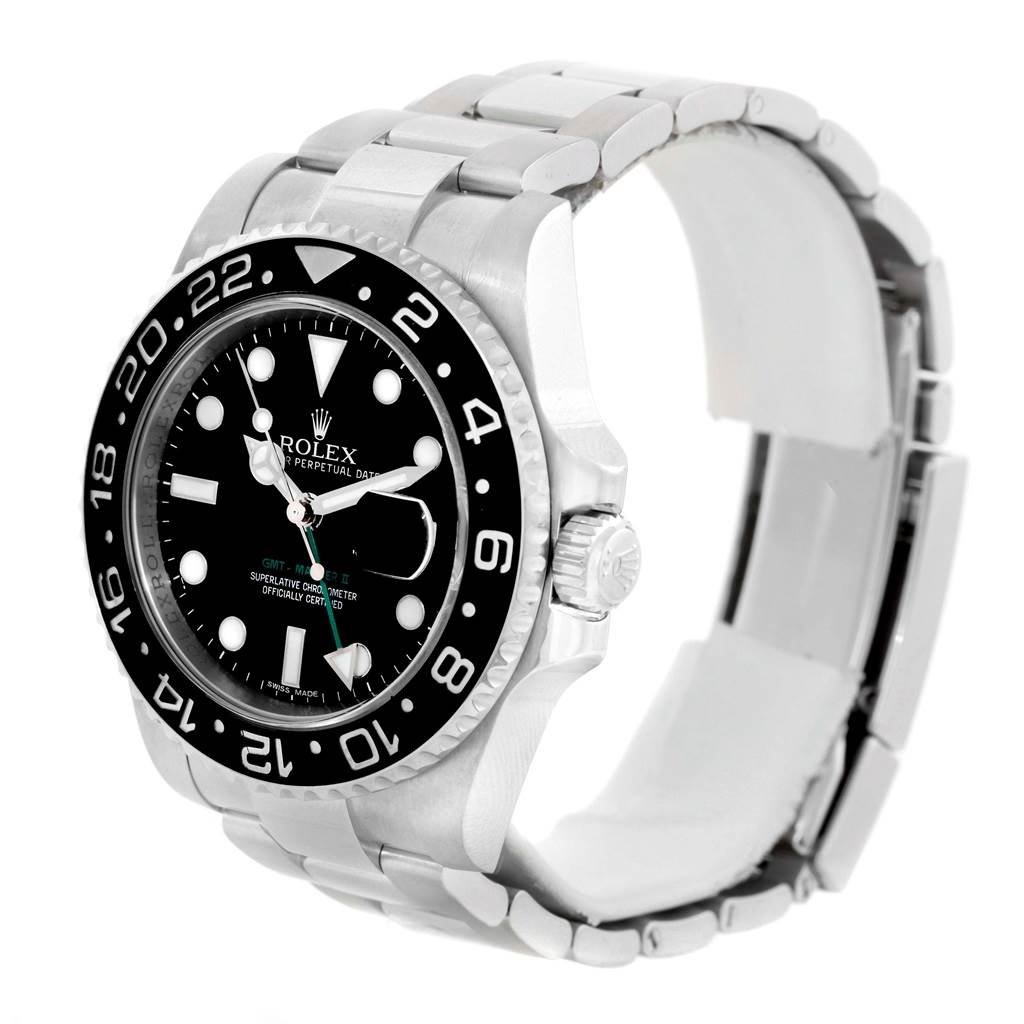 This image shows a Rolex GMT-Master 116710 Men's Stainless Steel Black Dial 116710 Men's Stainless Steel Black Dial watch at a three-quarter angle, highlighting the face, bezel, crown, and metal bracelet.