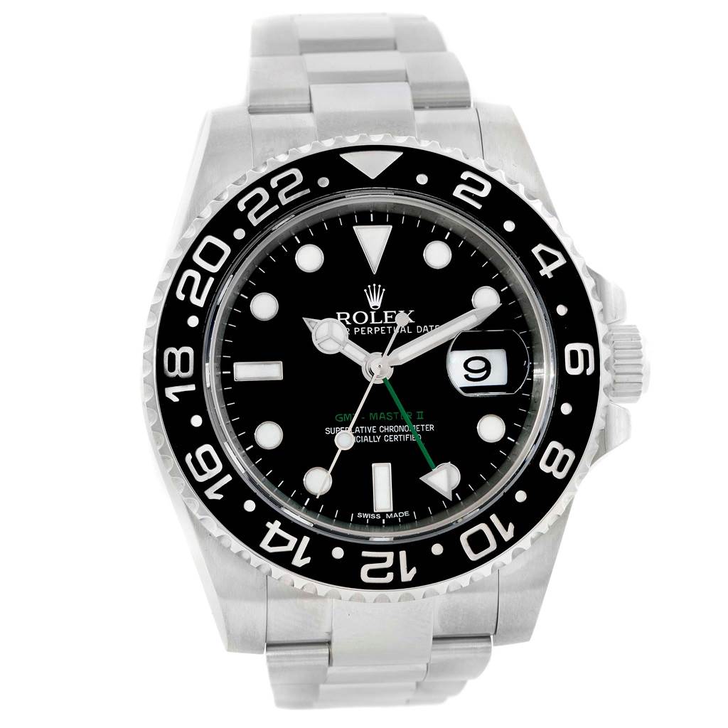 The image shows a front view of a Rolex GMT-Master 116710 Men's Stainless Steel Black Dial 116710 Men's Stainless Steel Black Dial II watch, featuring its bezel, dial, hands, and bracelet.