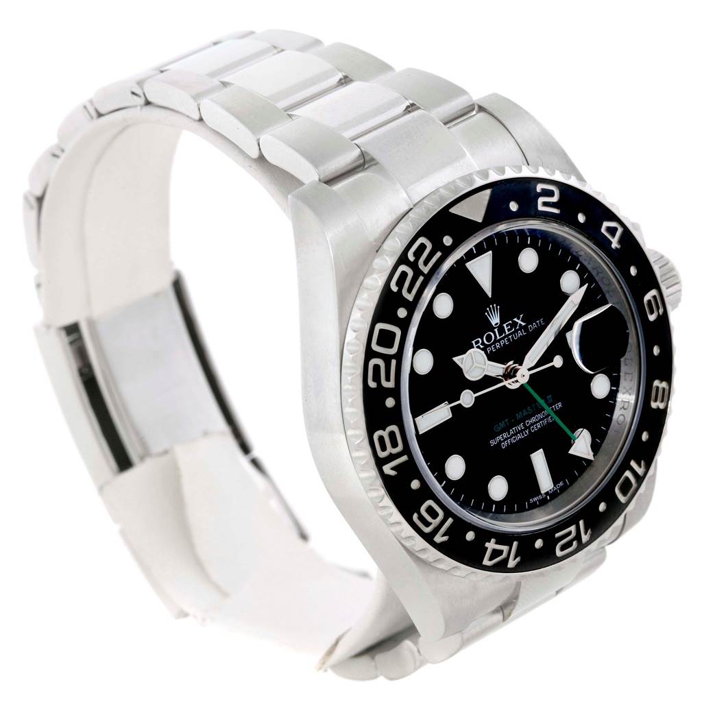 This image shows a Rolex GMT-Master 116710 Men's Stainless Steel Black Dial 116710 Men's Stainless Steel Black Dial watch at an angle, highlighting its face, bezel, and bracelet.