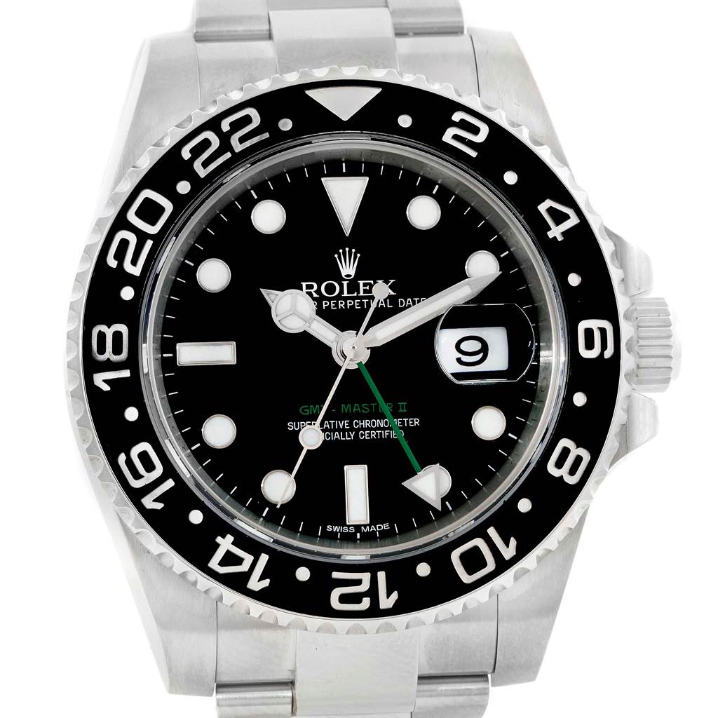 This image shows a frontal view of the dial, bezel, and part of the bracelet of a Rolex GMT-Master 116710 Men's Stainless Steel Black Dial 116710 Men's Stainless Steel Black Dial II watch.
