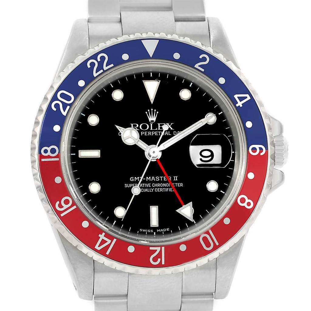The Rolex GMT-Master 16710 Men's Stainless Steel Black Dial 16710 Men's Stainless Steel Black Dial watch is shown from a top-down angle, highlighting its bezel, dial, hands, and bracelet.