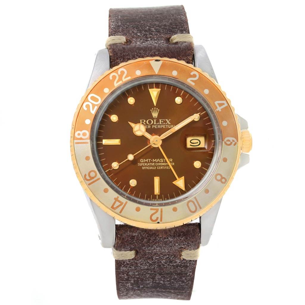 This image shows a front view of a Rolex GMT-Master 16753 Men's Stainless Steel Brown Dial 16753 Men's Stainless Steel Brown Dial watch with a brown dial, orange bezel, and leather strap.