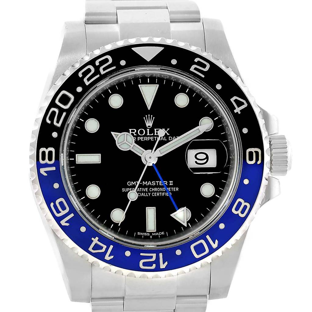 The image shows a front view of the Rolex GMT-Master 116710 Men's Stainless Steel Black Dial 116710 Men's Stainless Steel Black Dial II watch, highlighting its bezel, dial, and date display.