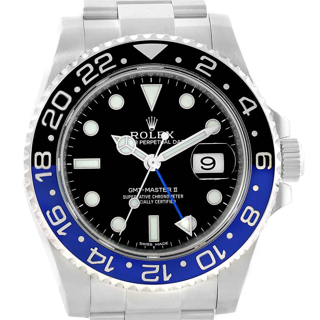 This is a Rolex GMT-Master 116710 Men's Stainless Steel Black Dial 116710 Men's Stainless Steel Black Dial II watch shown from the front, featuring its bezel, dial, and bracelet.