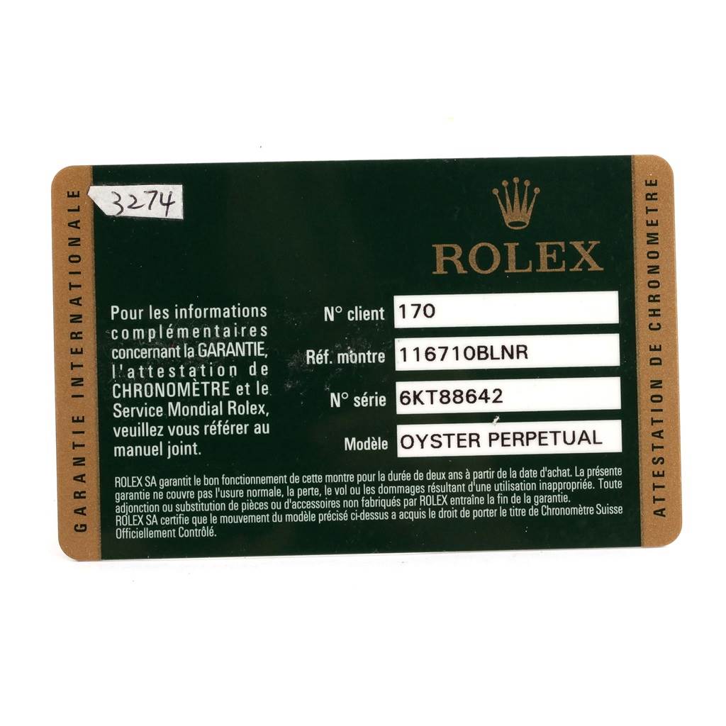 The image shows a Rolex warranty card for the GMT-Master model, detailing the client number, reference number, serial number, and model.