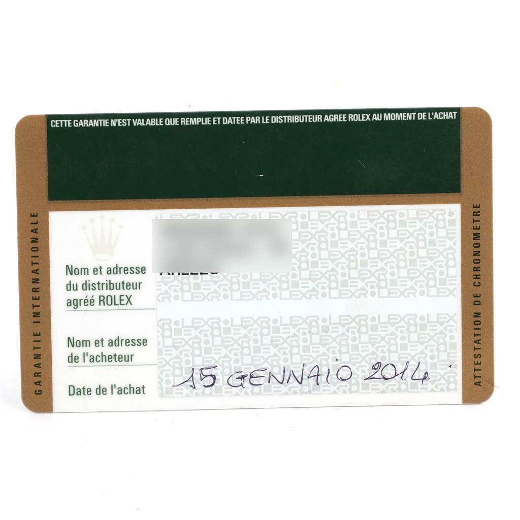 This is the international guarantee card for a Rolex GMT-Master 116710 Men's Stainless Steel Black Dial 116710 Men's Stainless Steel Black Dial watch, showing the purchase date and dealer information.