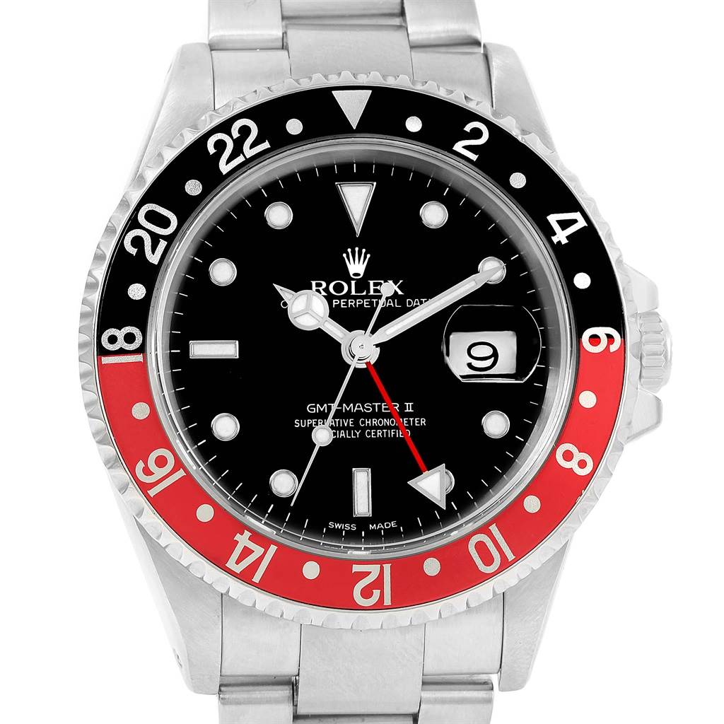 The image shows a frontal view of the Rolex GMT-Master 16710 Men's Stainless Steel Black Dial 16710 Men's Stainless Steel Black Dial II watch, featuring its black and red bezel, black dial, and stainless steel bracelet.