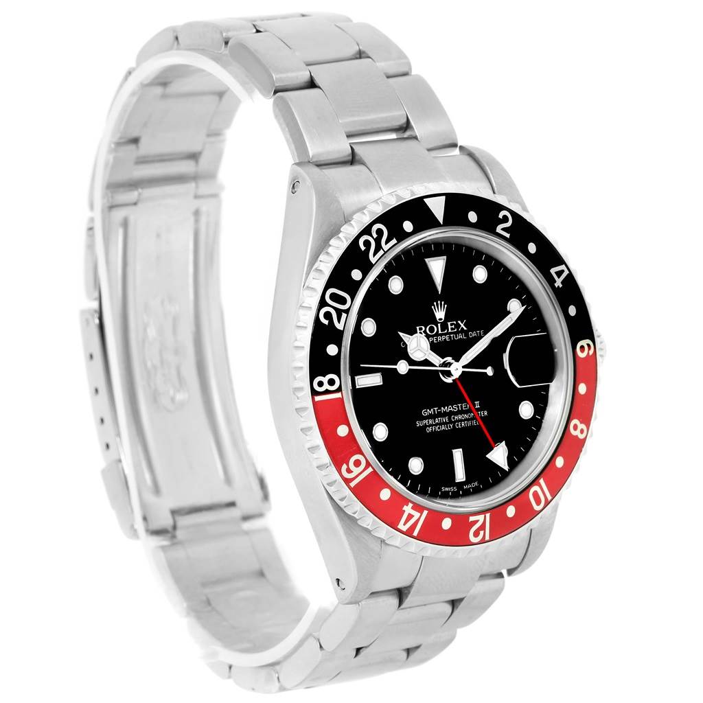 The image shows a side-angle view of the Rolex GMT-Master 16710 Men's Stainless Steel Black Dial 16710 Men's Stainless Steel Black Dial watch, highlighting its bezel, dial, and bracelet.