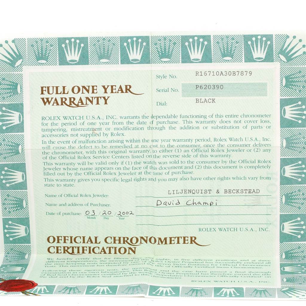 This image shows a warranty certificate for a Rolex GMT-Master 16710 Men's Stainless Steel Black Dial 16710 Men's Stainless Steel Black Dial model watch, displaying details like style number, serial number, and purchase information.