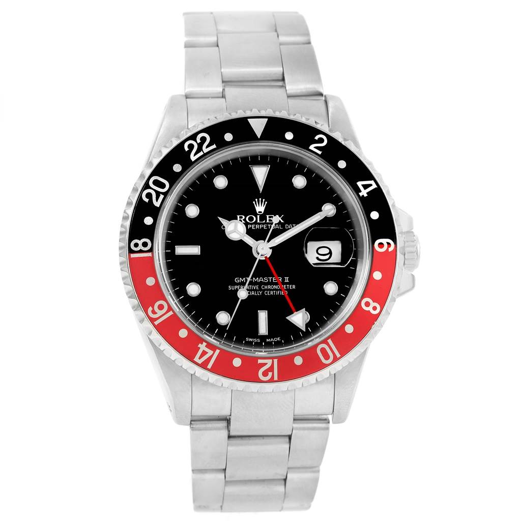 The image shows a front view of the Rolex GMT-Master 16710 Men's Stainless Steel Black Dial 16710 Men's Stainless Steel Black Dial II watch, displaying the dial, bezel, and part of the bracelet.