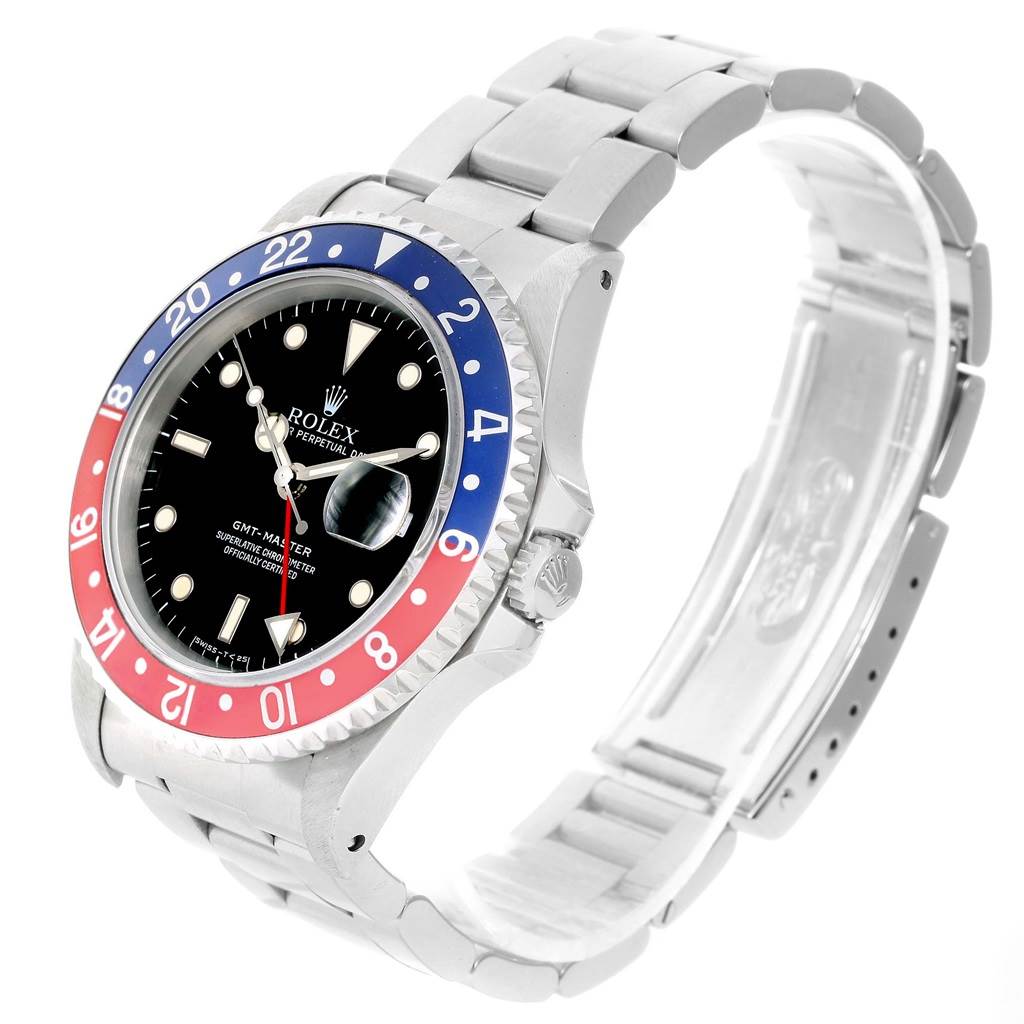 The Rolex GMT-Master 16700 Men's Stainless Steel Black Dial 16700 Men's Stainless Steel Black Dial watch is shown at an angle highlighting the face, bezel, crown, and band mainly from the front and side.