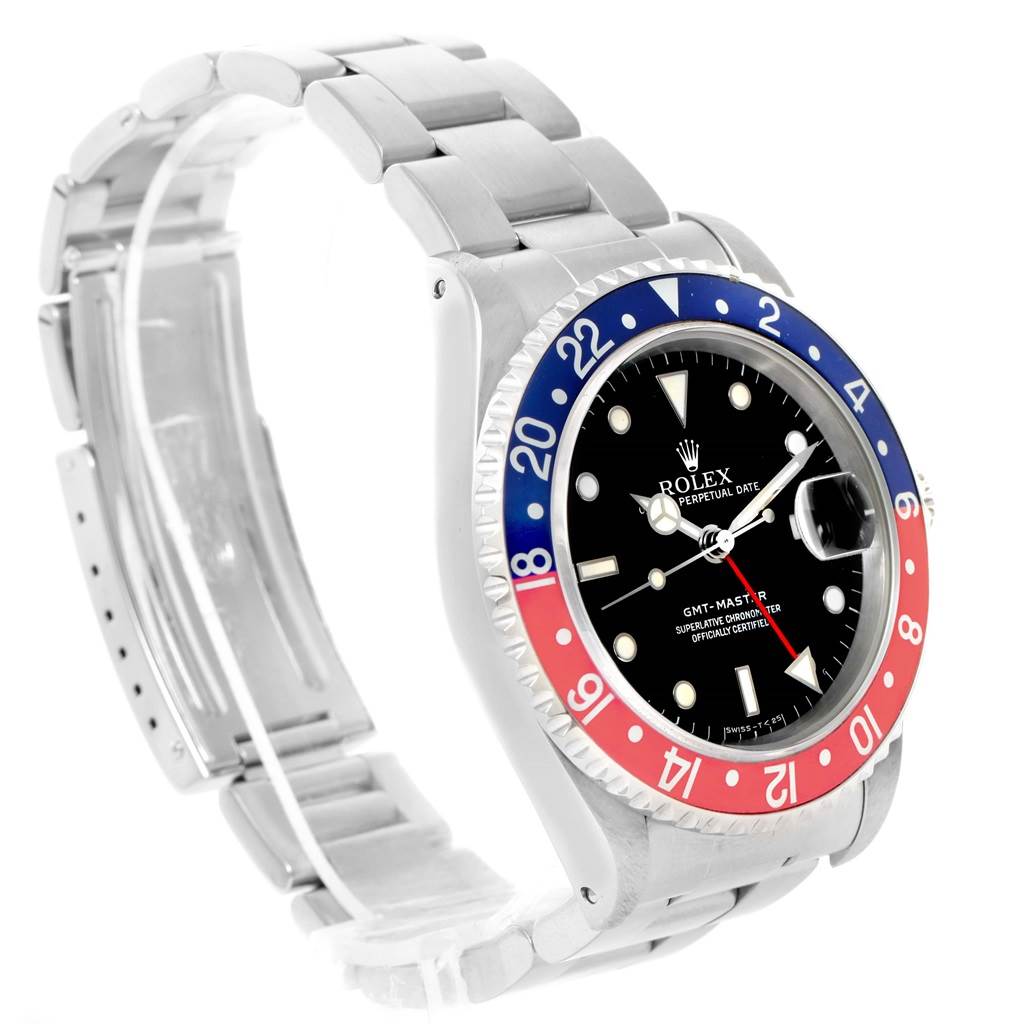 The Rolex GMT-Master 16700 Men's Stainless Steel Black Dial 16700 Men's Stainless Steel Black Dial watch is shown at a slight angle, displaying its bezel, dial, bracelet, and clasp clearly.