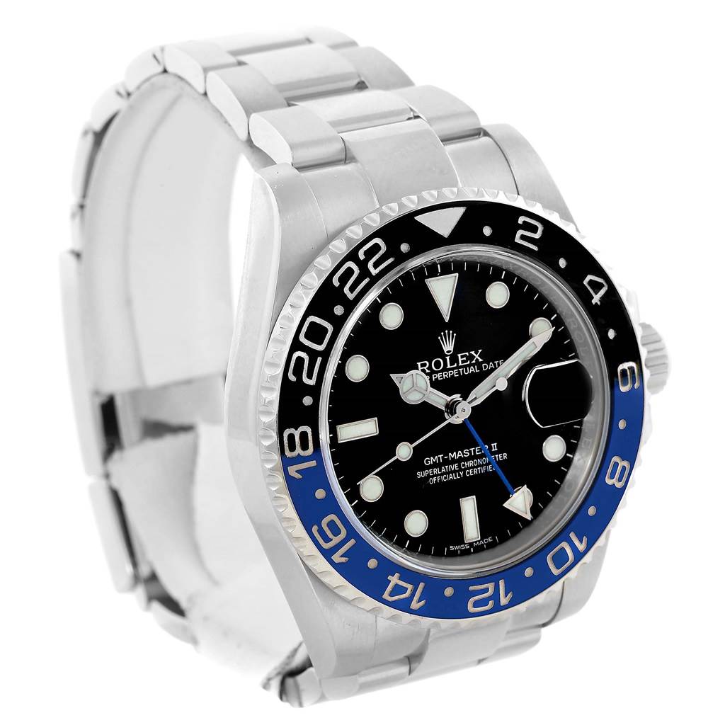 The image shows a Rolex GMT-Master 116710 Men
s Stainless Steel Black Dial 116710 Men
s Stainless Steel Black Dial II watch at a three-quarter angle, highlighting the bezel, dial, and stainless steel bracelet.