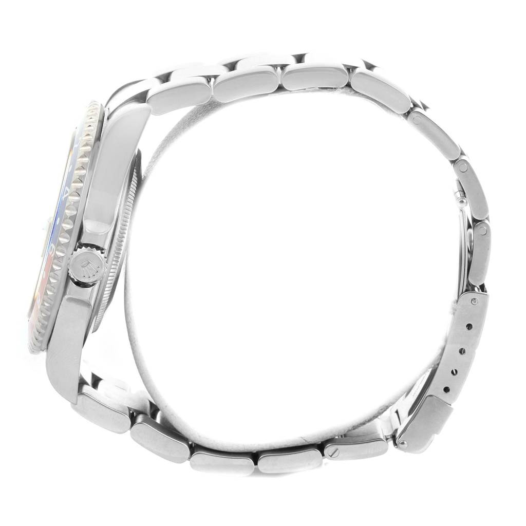 The Rolex GMT-Master 16710 Men's Stainless Steel Black Dial 16710 Men's Stainless Steel Black Dial watch is shown from a side profile, highlighting its bezel, crown, case, and bracelet.