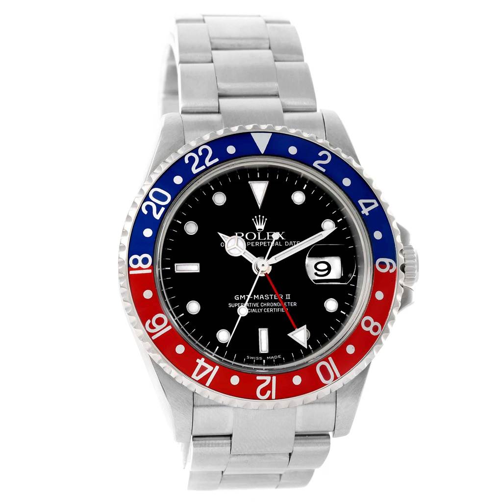 The image shows a front view of a Rolex GMT-Master 16710 Men's Stainless Steel Black Dial 16710 Men's Stainless Steel Black Dial II watch featuring a red and blue bezel with a black dial.