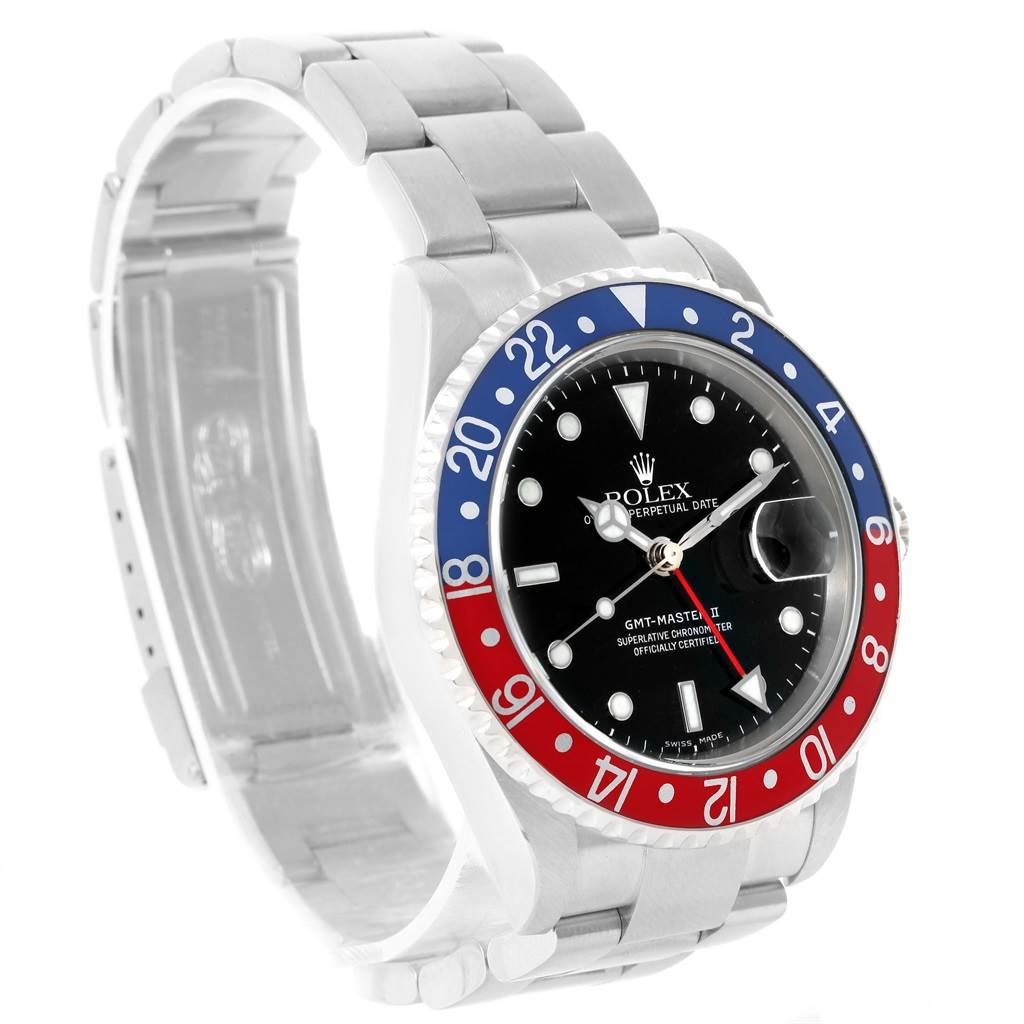 The image shows a frontal view of a Rolex GMT-Master 16710 Men's Stainless Steel Black Dial 16710 Men's Stainless Steel Black Dial watch, highlighting the bezel, dial, and bracelet.