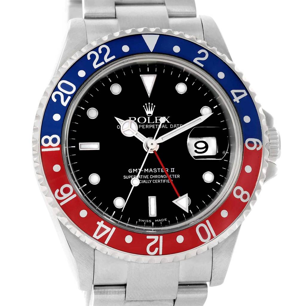 The image shows a frontal view of a Rolex GMT-Master 16710 Men's Stainless Steel Black Dial 16710 Men's Stainless Steel Black Dial II watch, featuring a black dial, red and blue bezel, and stainless steel bracelet.