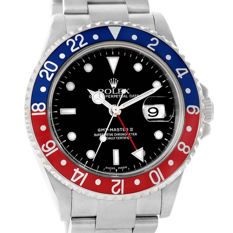 Rolex GMT Master II Blue Red Pepsi Bezel Steel Watch 16710 Box Papers SwissWatchExpo