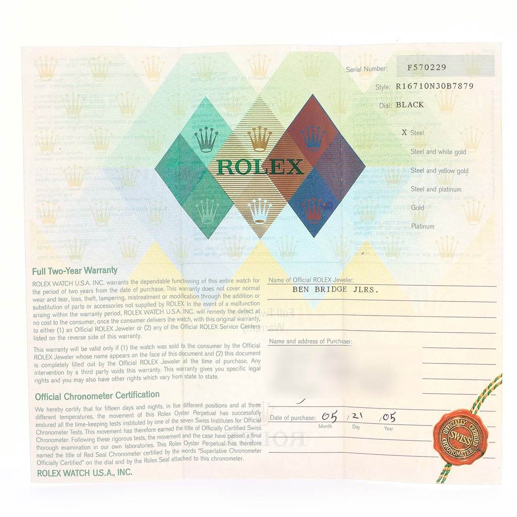 This image shows a warranty certificate for a Rolex GMT-Master 16710 Men's Stainless Steel Black Dial 16710 Men's Stainless Steel Black Dial watch detailing its serial number, purchase details, and warranty terms.