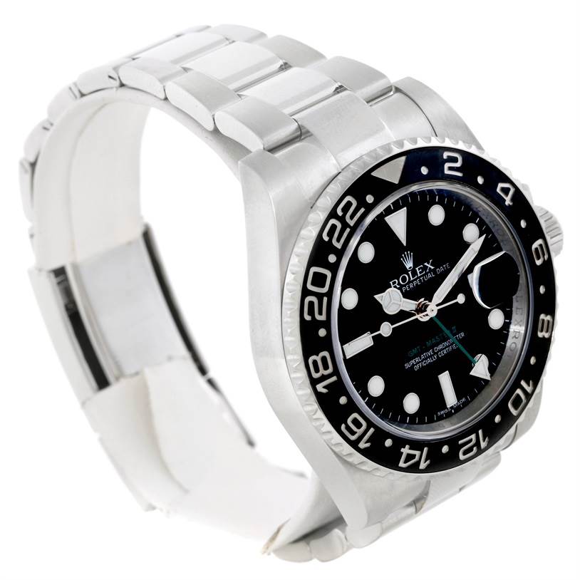 The Rolex GMT-Master 116710 Men
s Stainless Steel Black Dial 116710 Men
s Stainless Steel Black Dial watch is shown from an angle showcasing the face, bezel, and partly opened bracelet.