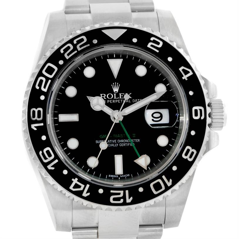 The image shows a frontal view of a Rolex GMT-Master 116710 Men
s Stainless Steel Black Dial 116710 Men
s Stainless Steel Black Dial II watch, highlighting its dial, bezel, hands, and bracelet.