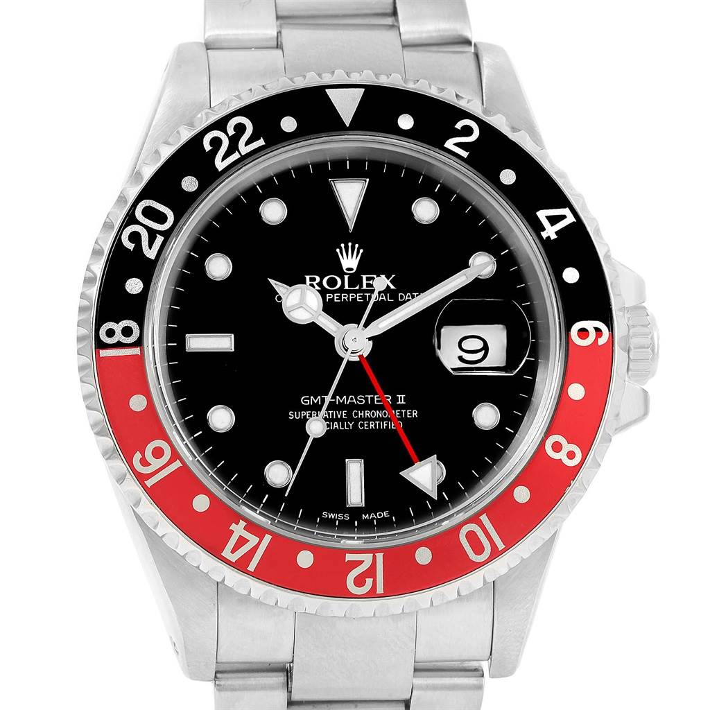 The Rolex GMT-Master 16710 Men's Stainless Steel Black Dial 16710 Men's Stainless Steel Black Dial watch is shown from the front, featuring a black and red bezel, black dial, and silver metal bracelet.