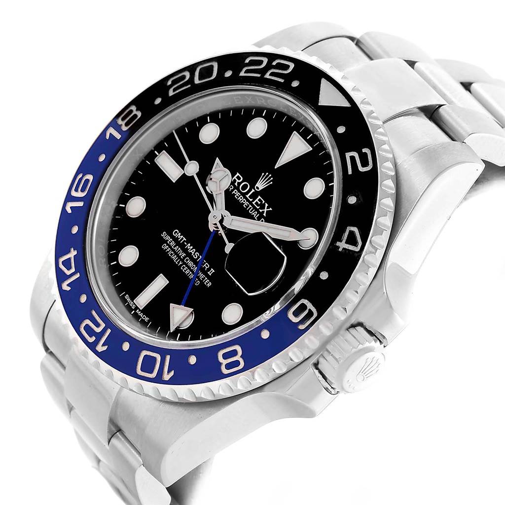 The Rolex GMT-Master 116710 Men's Stainless Steel Black Dial 116710 Men's Stainless Steel Black Dial watch is shown at a three-quarter angle, highlighting the dial, bezel, and part of the bracelet.