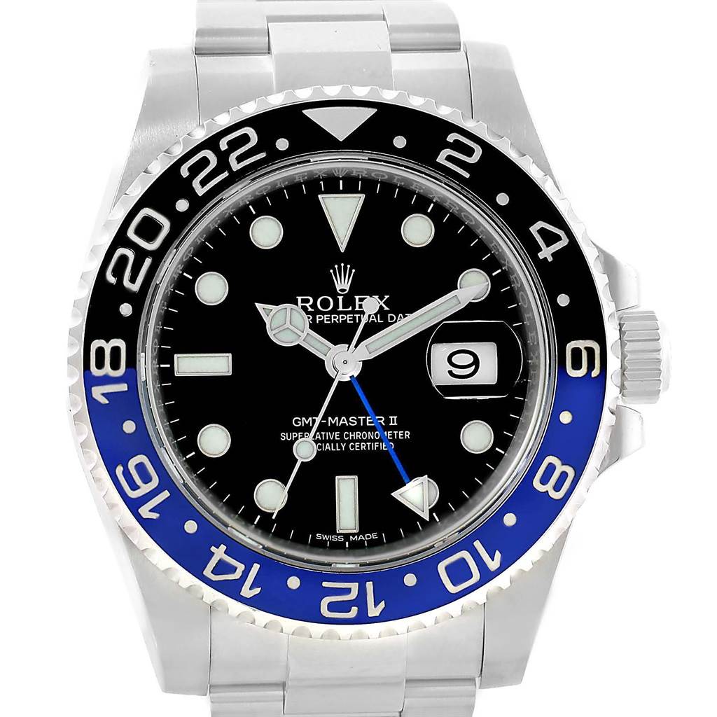 The image shows a front view of the Rolex GMT-Master 116710 Men's Stainless Steel Black Dial 116710 Men's Stainless Steel Black Dial II watch, highlighting its bezel, dial, hands, and bracelet.