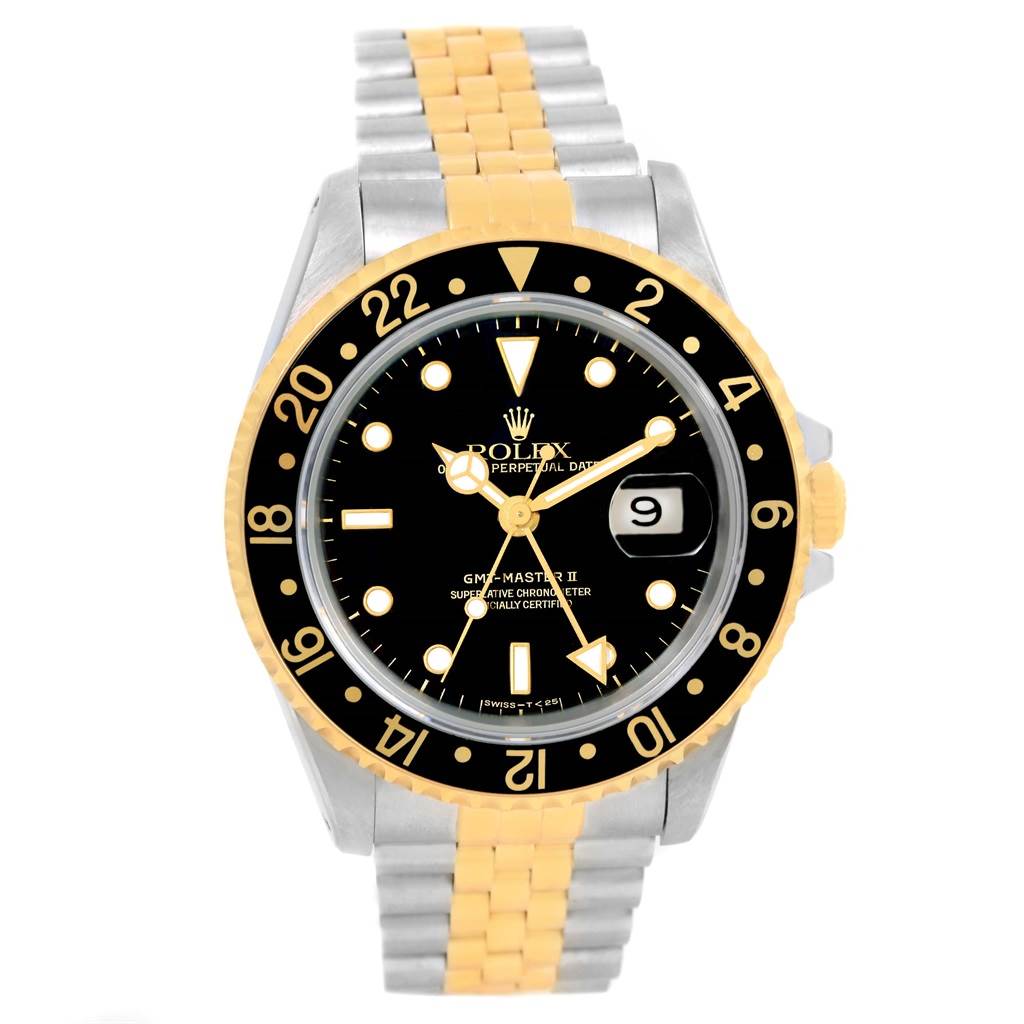 This image shows a Rolex GMT-Master 16713 Men's Stainless Steel Black Dial 16713 Men's Stainless Steel Black Dial II watch from a front angle, highlighting its dial, two-tone bezel, and bracelet.