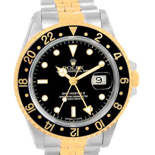 Photo of Rolex GMT Master II Mens 18k Yellow Gold Black Dial Watch 16713