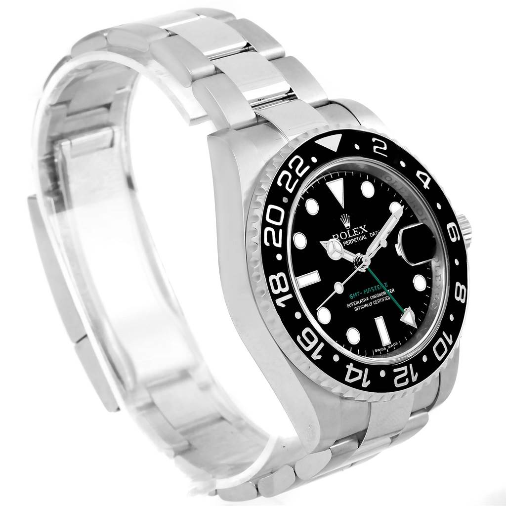 The Rolex GMT-Master 116710 Men's Stainless Steel Black Dial 116710 Men's Stainless Steel Black Dial watch is shown at a slight angle, highlighting the face, bezel, and bracelet.