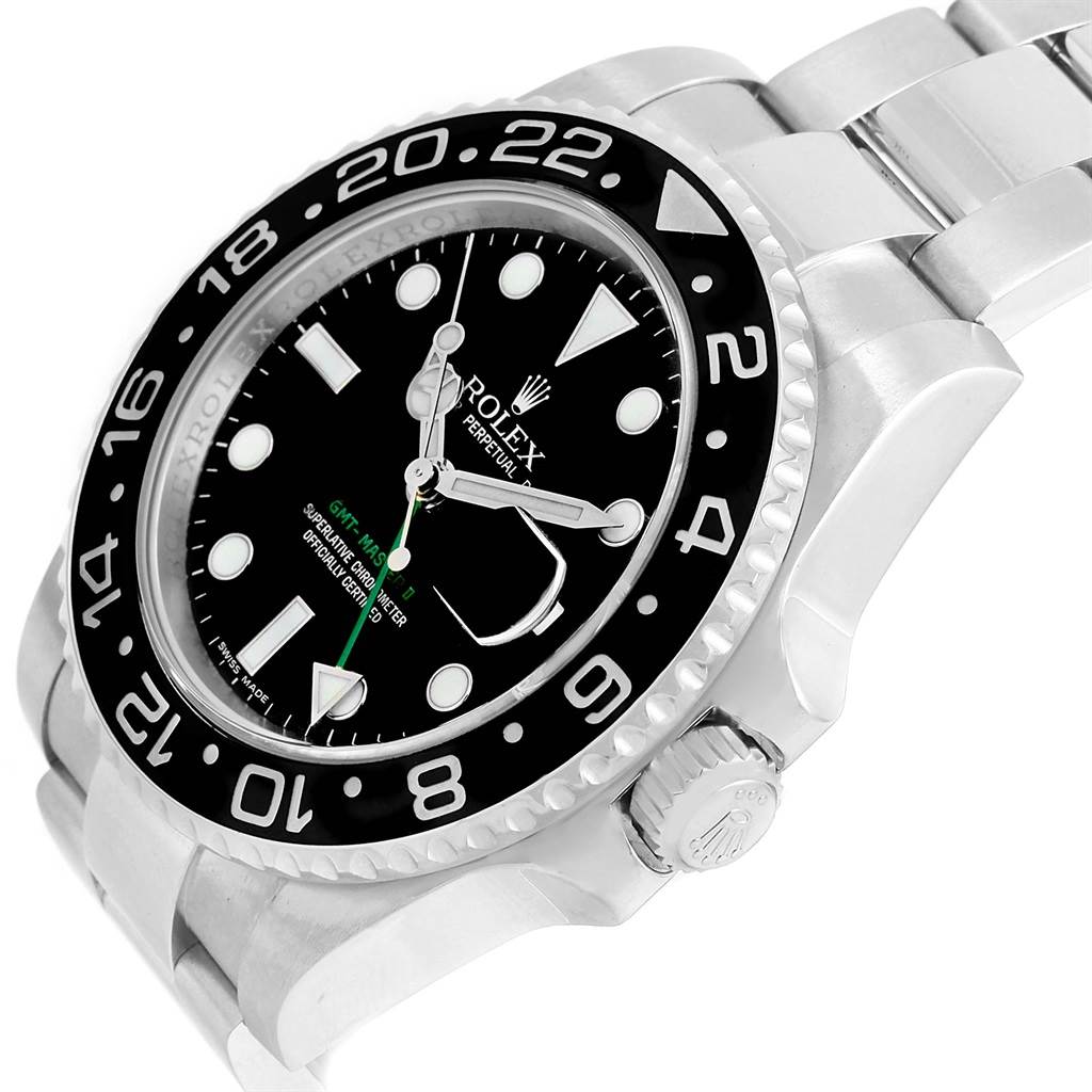 This image shows a close-up side angle of a Rolex GMT-Master 116710 Men's Stainless Steel Black Dial 116710 Men's Stainless Steel Black Dial watch, highlighting the bezel, dial, and part of the bracelet.