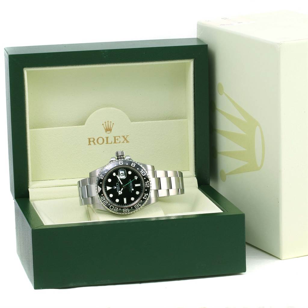 A Rolex GMT-Master 116710 Men's Stainless Steel Black Dial 116710 Men's Stainless Steel Black Dial watch is displayed in an open box at a front angle, showing the dial, bezel, and bracelet.