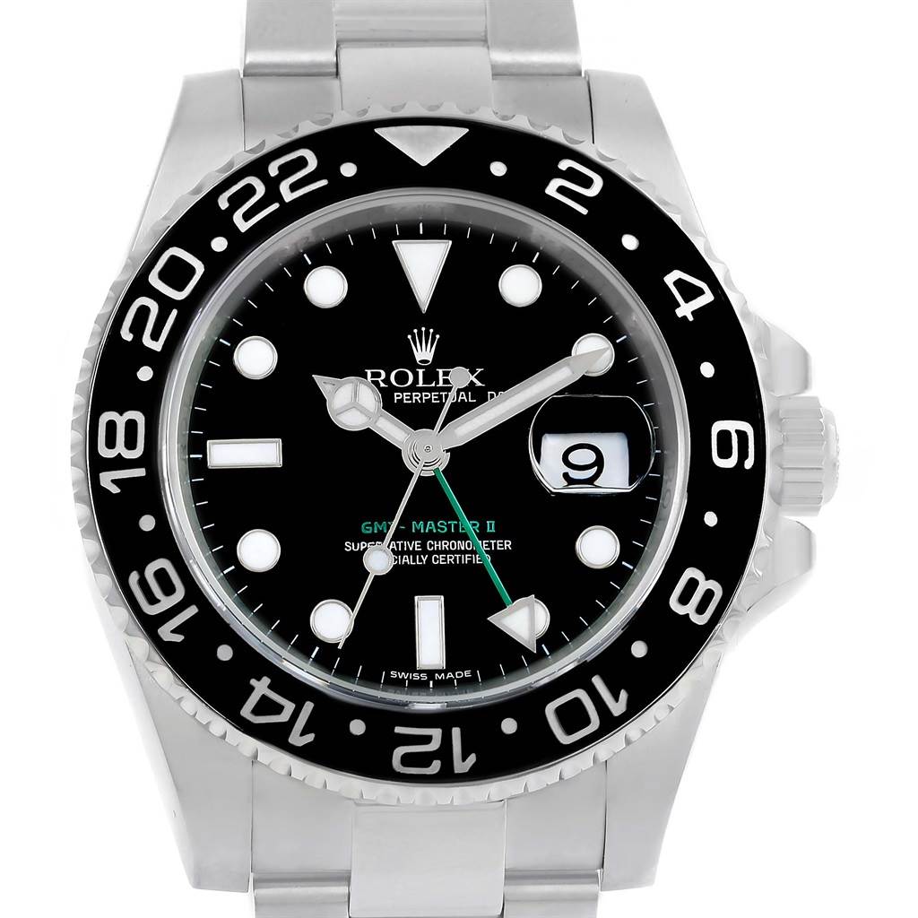 The image shows a front view of the Rolex GMT-Master 116710 Men's Stainless Steel Black Dial 116710 Men's Stainless Steel Black Dial II watch, highlighting the face, bezel, and part of the bracelet.