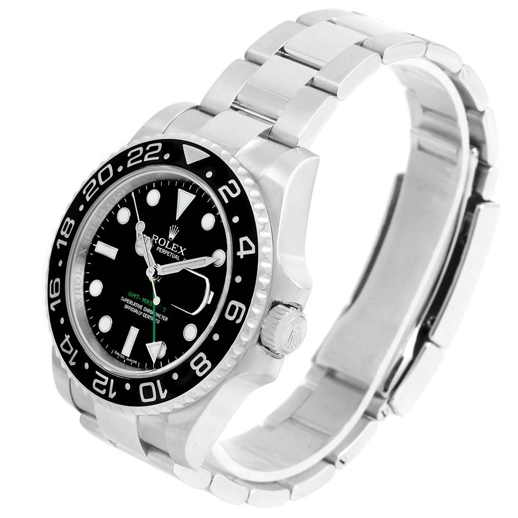 The Rolex GMT-Master 116710 Men's Stainless Steel Black Dial 116710 Men's Stainless Steel Black Dial watch is shown from a three-quarter angle displaying its bezel, dial, case, and partially opened bracelet.
