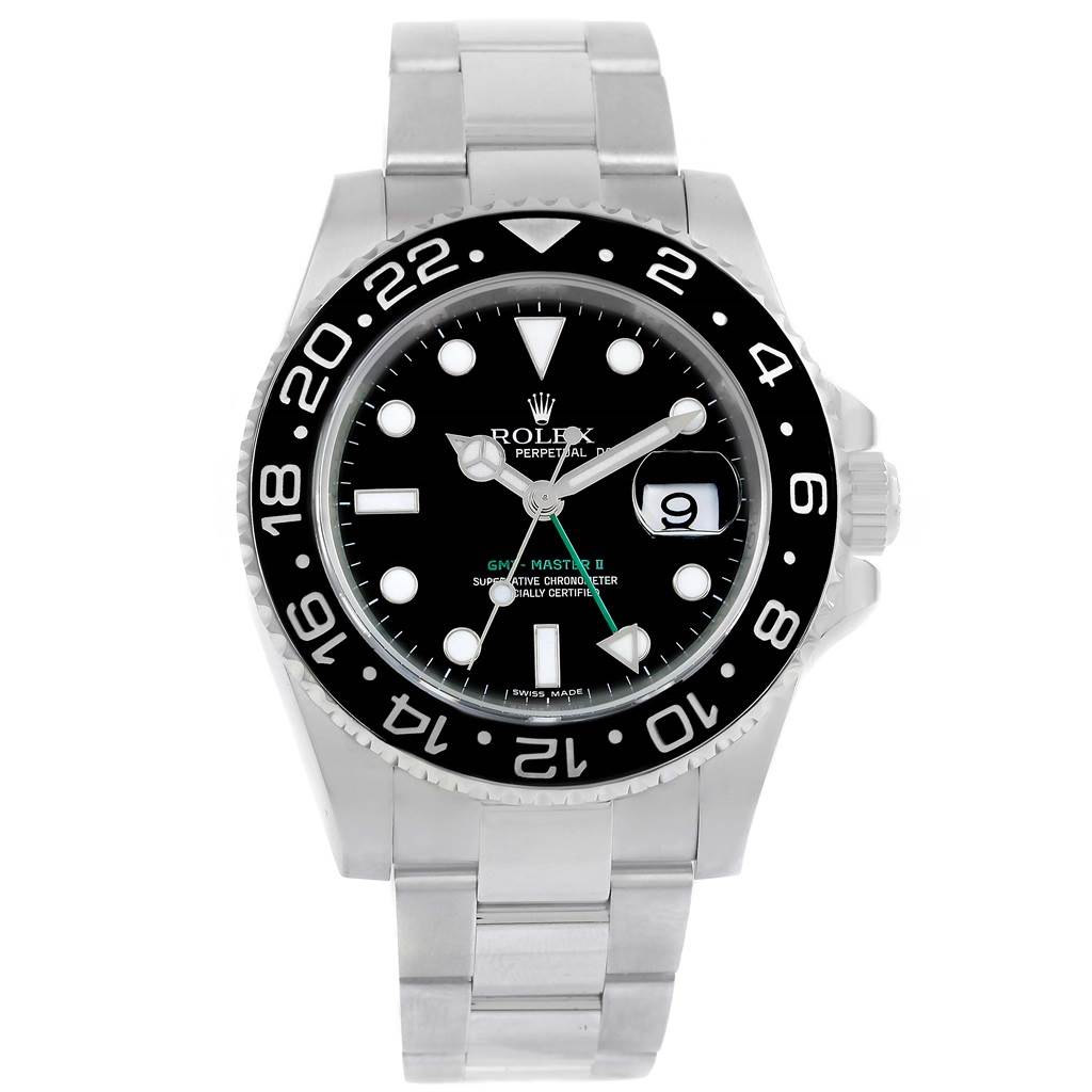 The image shows a front view of the Rolex GMT-Master 116710 Men's Stainless Steel Black Dial 116710 Men's Stainless Steel Black Dial II watch, displaying the dial, bezel, and bracelet.