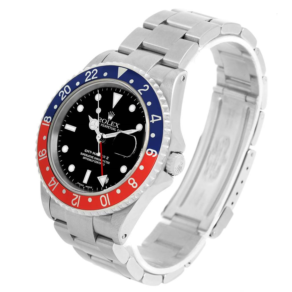 The Rolex GMT-Master 16710 Men's Stainless Steel Black Dial 16710 Men's Stainless Steel Black Dial watch is shown at an angled front view, highlighting its face, bezel, and bracelet.