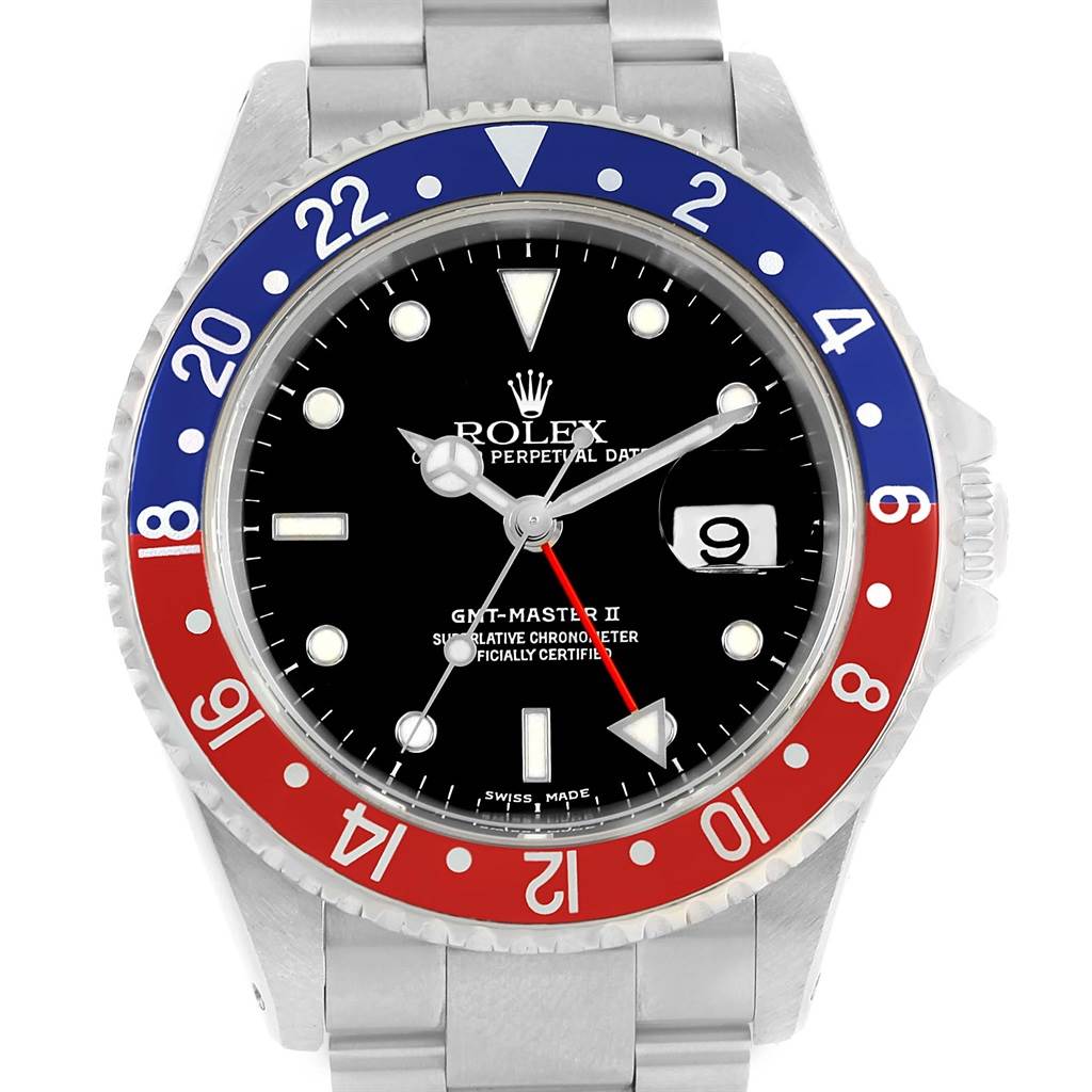 The image shows a front view of a Rolex GMT-Master 16710 Men's Stainless Steel Black Dial 16710 Men's Stainless Steel Black Dial watch, highlighting its bezel, dial, and date window.