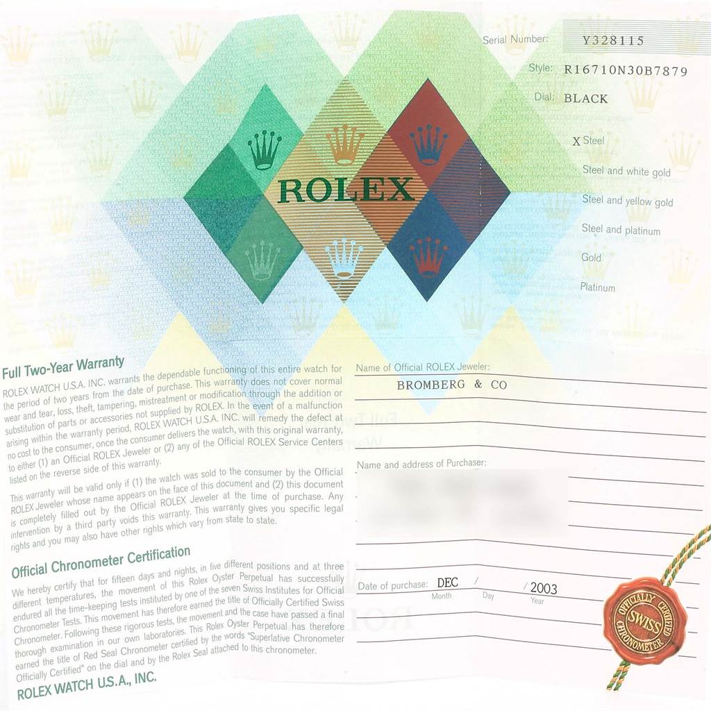 This image shows the warranty card and certificate for a Rolex GMT-Master 16710 Men's Stainless Steel Black Dial 16710 Men's Stainless Steel Black Dial watch.