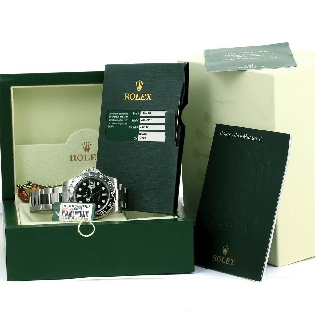 The image shows a Rolex GMT-Master 116710 Men's Stainless Steel Black Dial 116710 Men's Stainless Steel Black Dial model watch with its original box, warranty card, and instruction booklet in an isometric angle.