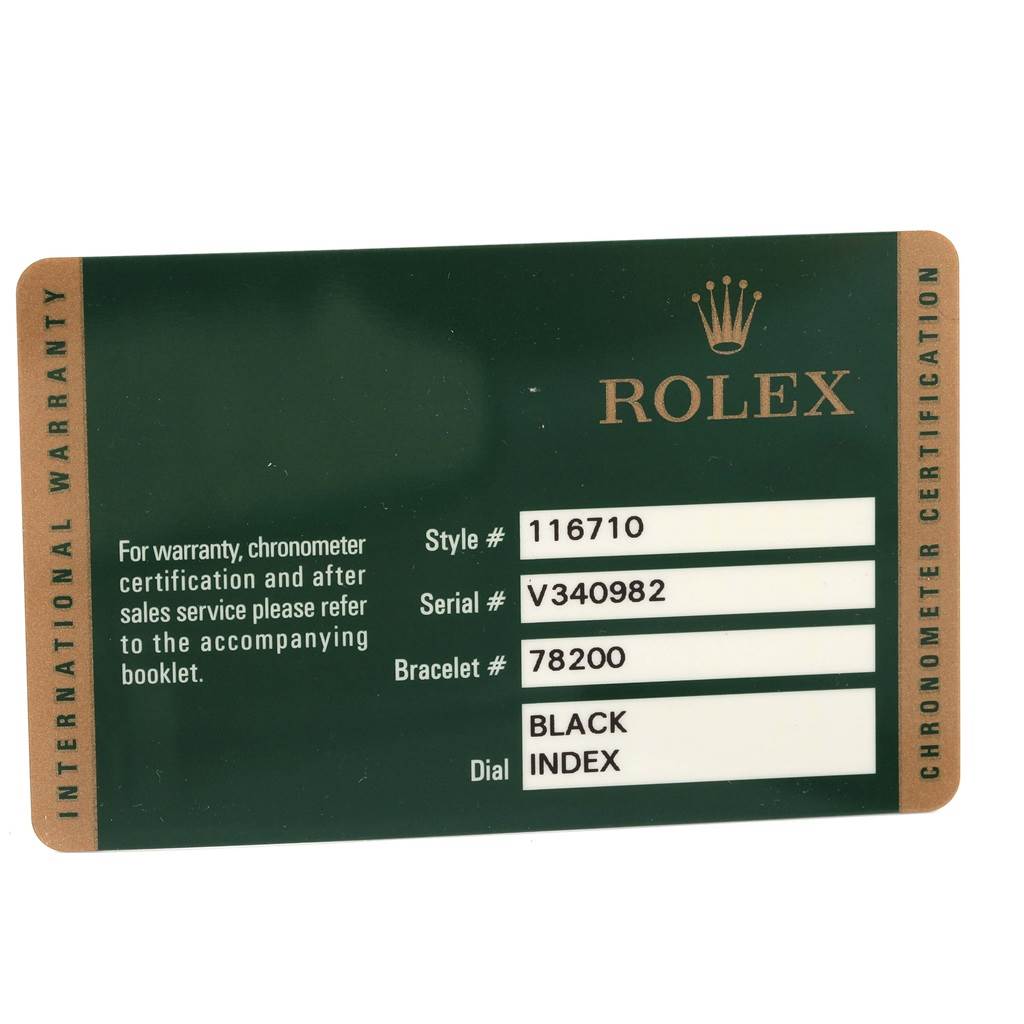 The image shows an international warranty card for a Rolex GMT-Master 116710 Men's Stainless Steel Black Dial 116710 Men's Stainless Steel Black Dial watch model, detailing style, serial, bracelet numbers, and dial information.