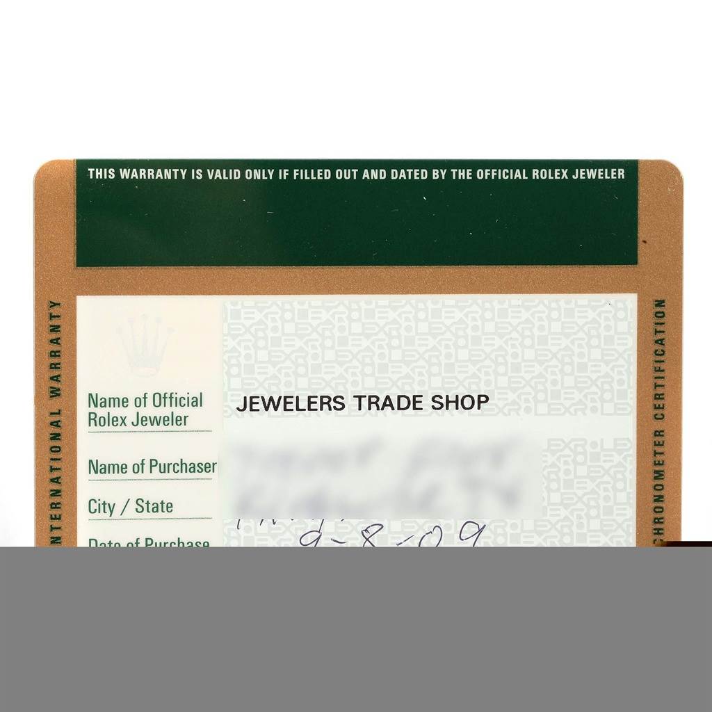 The image shows a warranty card for the Rolex GMT-Master 116710 Men's Stainless Steel Black Dial 116710 Men's Stainless Steel Black Dial watch viewed from the front.