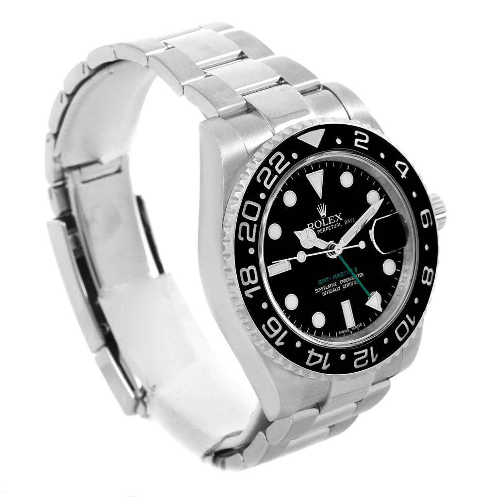 The image shows a Rolex GMT-Master 116710 Men's Stainless Steel Black Dial 116710 Men's Stainless Steel Black Dial watch at an angle emphasizing the dial, bezel, and part of the bracelet.