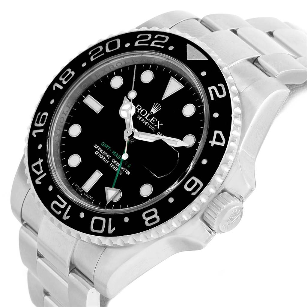 The Rolex GMT-Master 116710 Men's Stainless Steel Black Dial 116710 Men's Stainless Steel Black Dial watch is shown at an angled side view, displaying its black dial, bezel, and stainless steel bracelet.